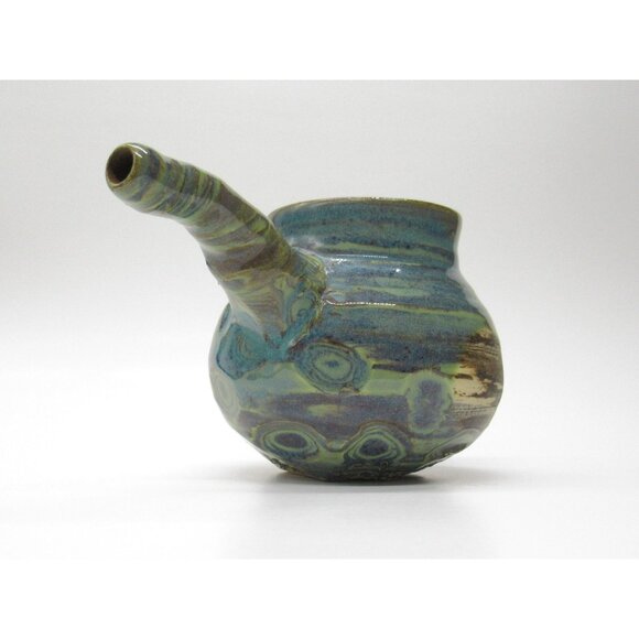 Handmade Ceramic Teapot Artisan Handle & Abstract Green Blue Swirl Glaze Signed - Picture 8 of 16